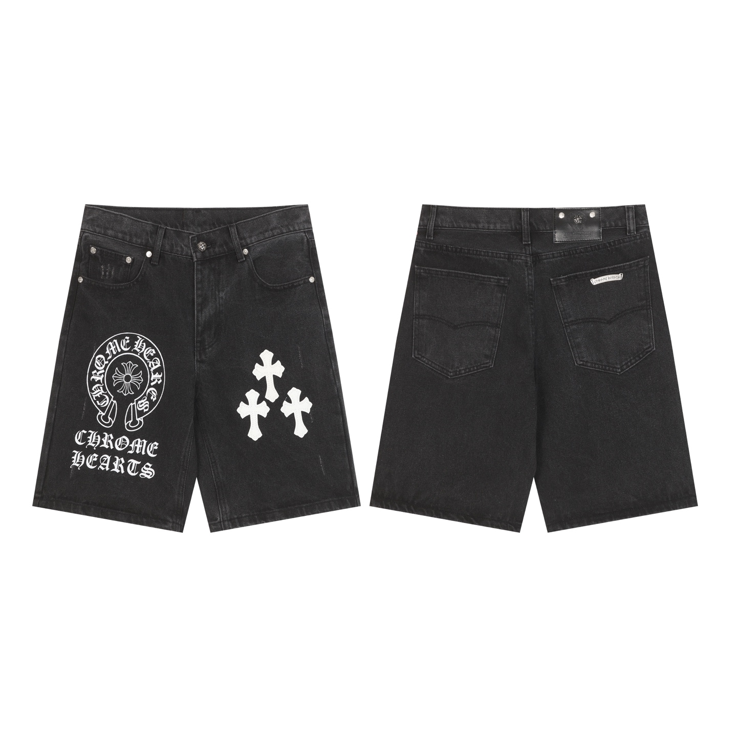 Chrome Hearts クロムハーツ クロス パッチワーク 刺繍 プリント ホースシュー リラックスフィット 5分丈 デニムショーツ ユニセックス ブラック