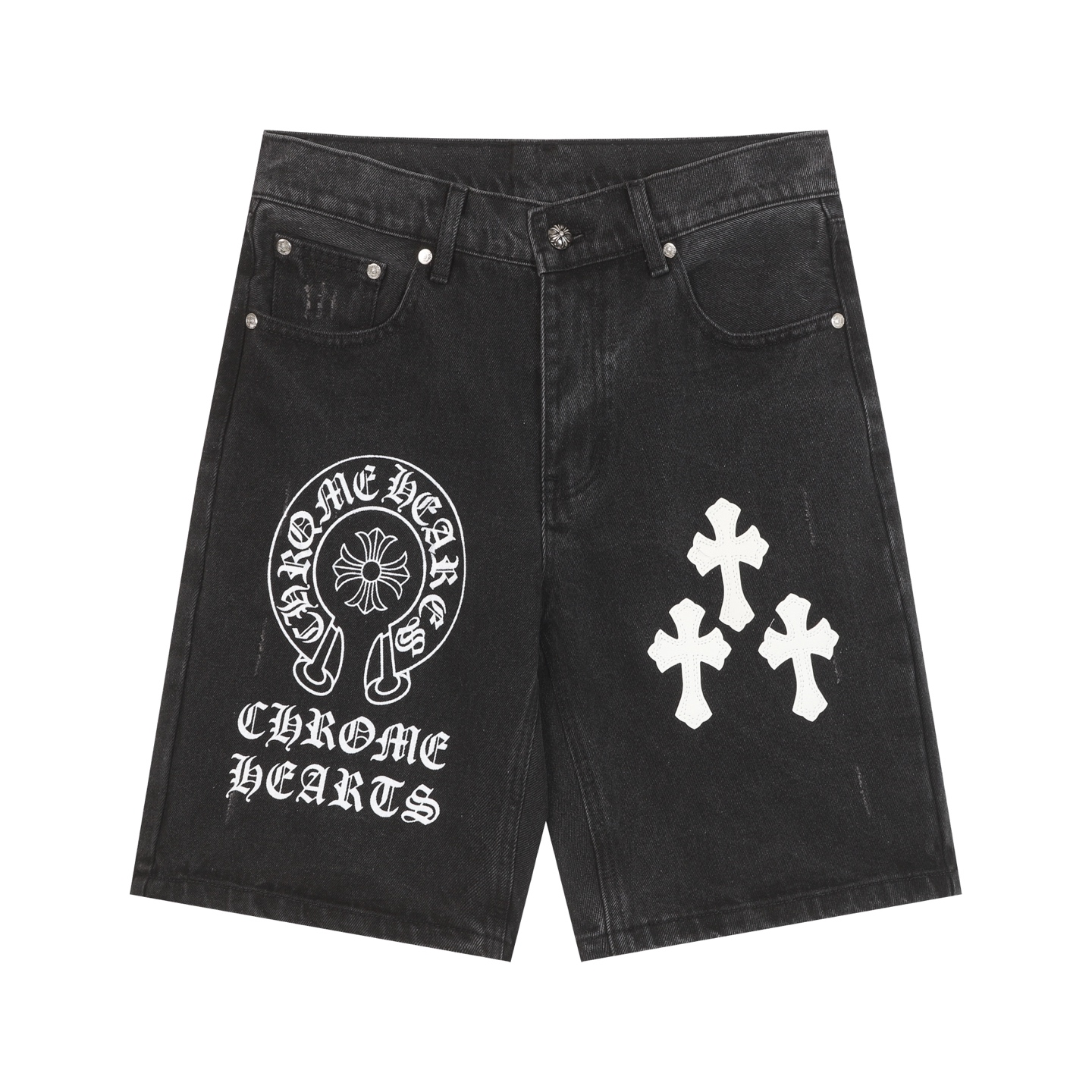 Chrome Hearts クロムハーツ クロス パッチワーク 刺繍 プリント ホースシュー リラックスフィット 5分丈 デニムショーツ ユニセックス ブラック