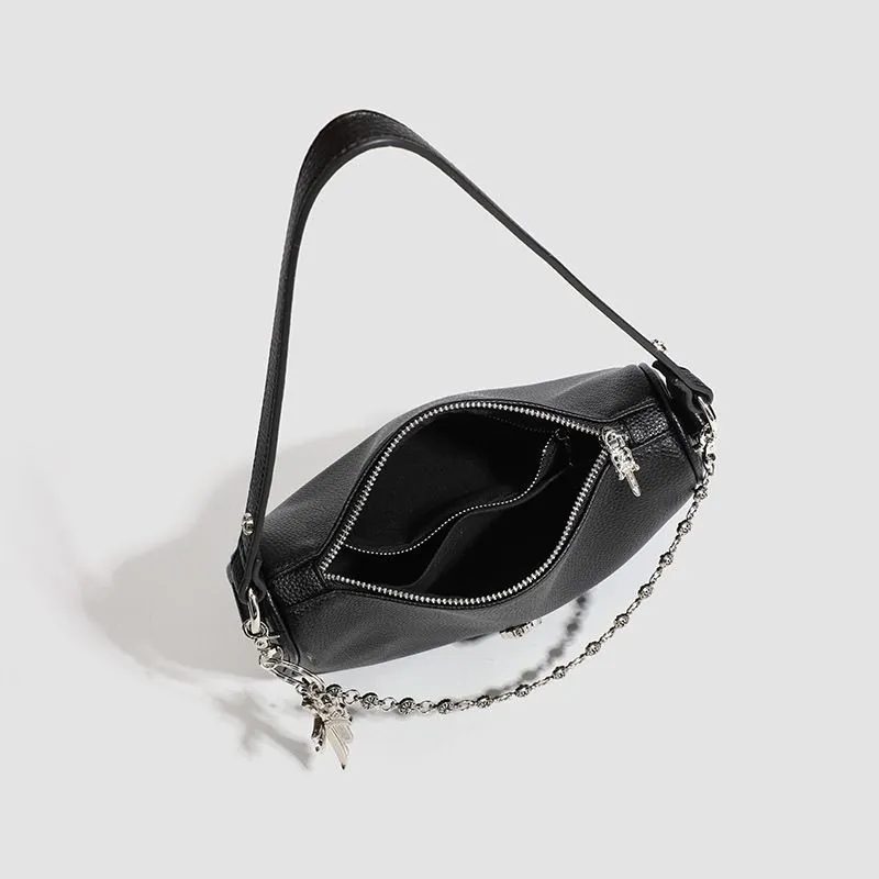 Chrome Hearts Leather Shoulder Bag, Black, Medium Size, with Chain