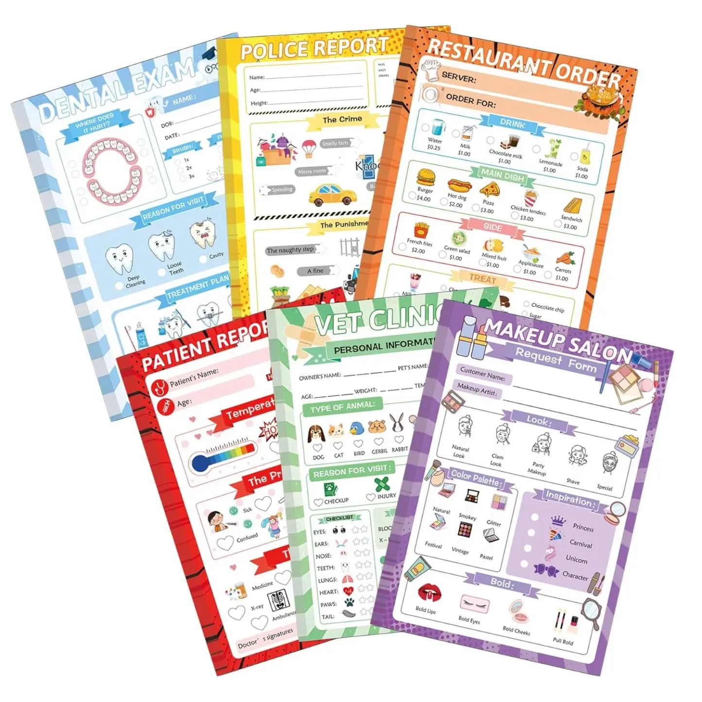 Pretend Play Notepads 8 Pack Playtime Pads Pretend Notebooks Imaginative Role Play Game Notepads for Boys & Girls