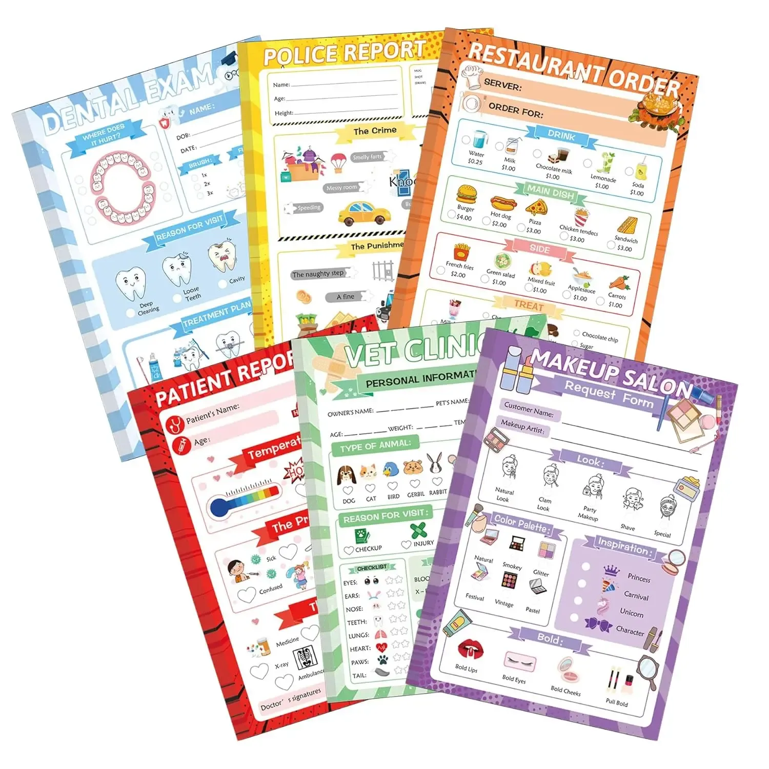Pretend Play Notepads 8 Pack Playtime Pads Pretend Notebooks Imaginative Role Play Game Notepads for Boys & Girls