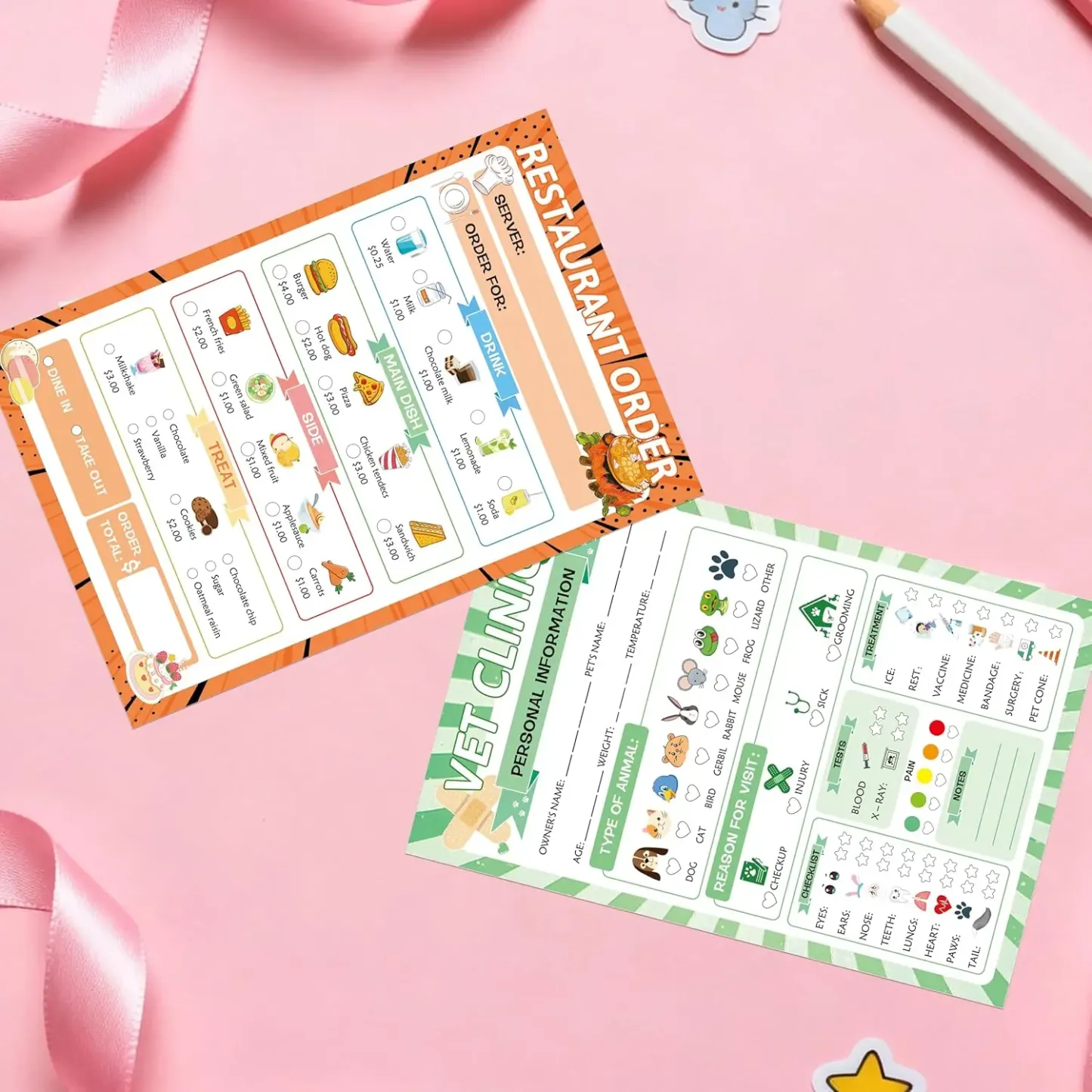 Pretend Play Notepads 8 Pack Playtime Pads Pretend Notebooks Imaginative Role Play Game Notepads for Boys & Girls