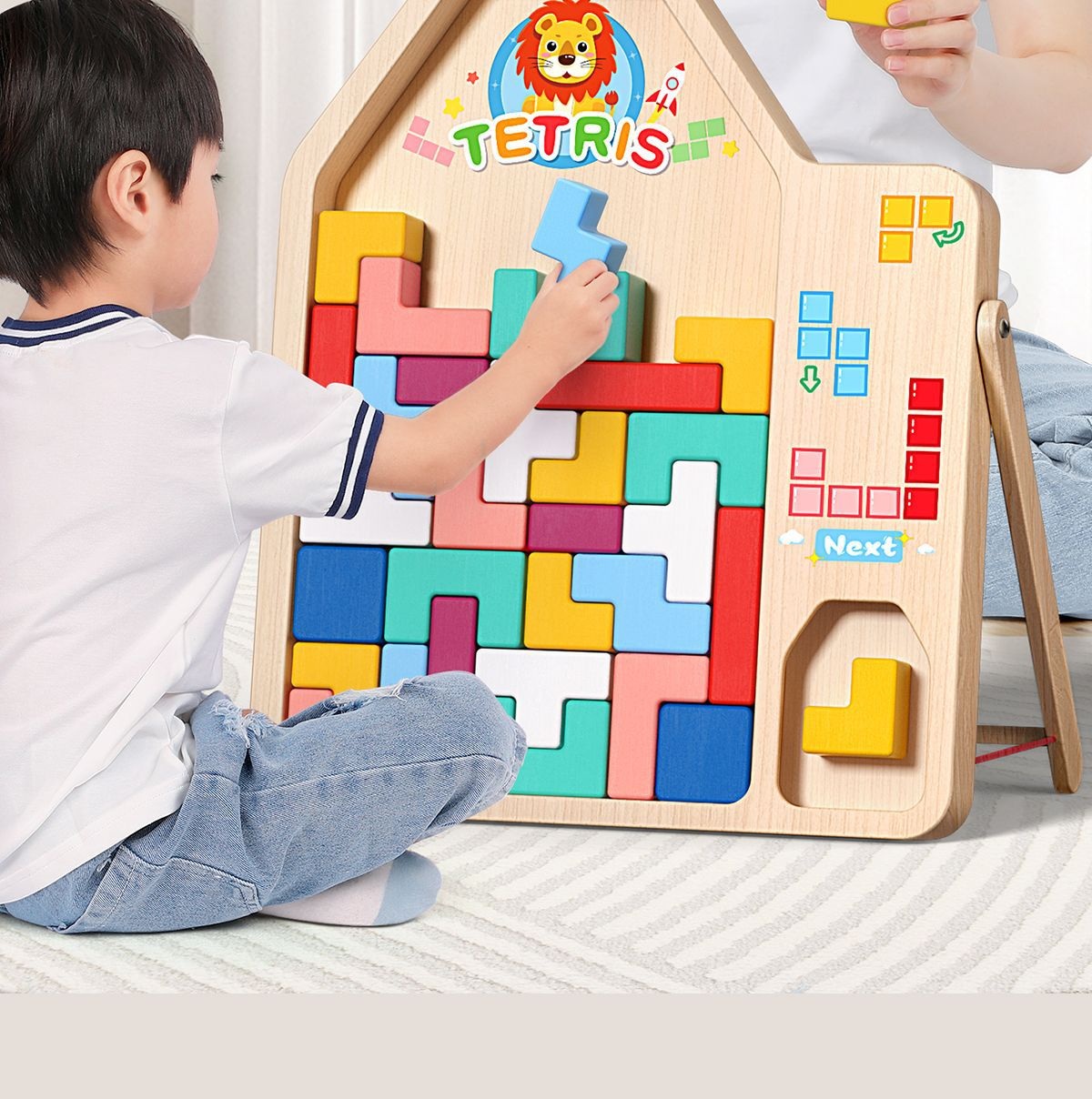 Wooden Tetris puzzle blocks educational toy detail image 3