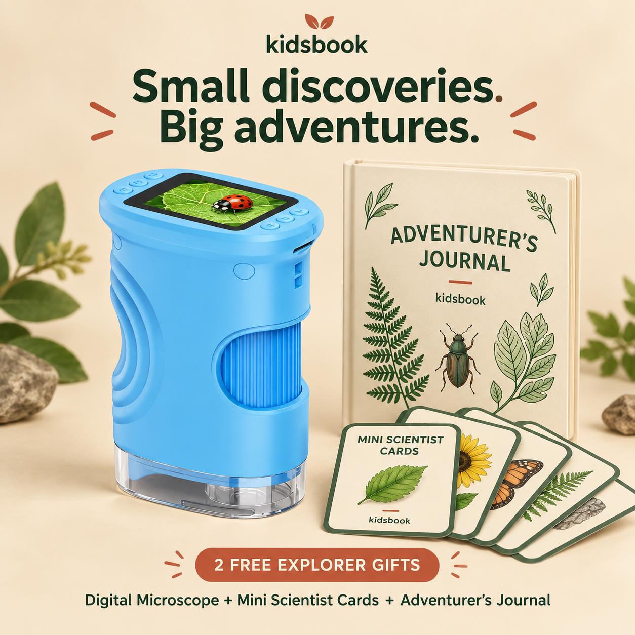 Kidsbook blue digital microscope explorer kit with free Mini Scientist Cards and Adventurer's Journal.