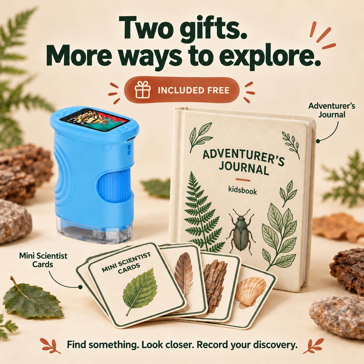Two free explorer gifts: Mini Scientist Cards and Adventurer's Journal with Kidsbook digital microscope.