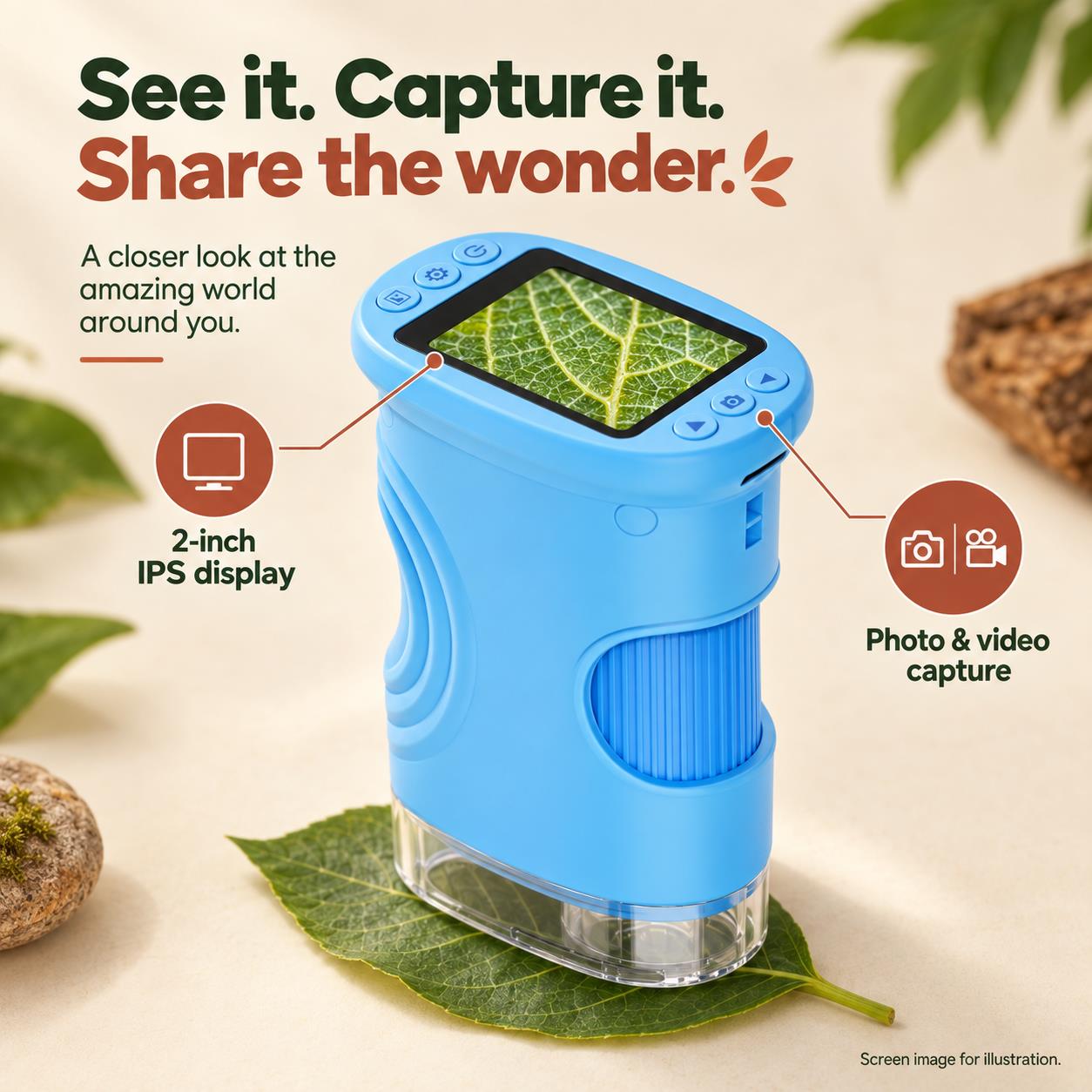Kidsbook digital microscope with 2-inch IPS display and photo and video capture.