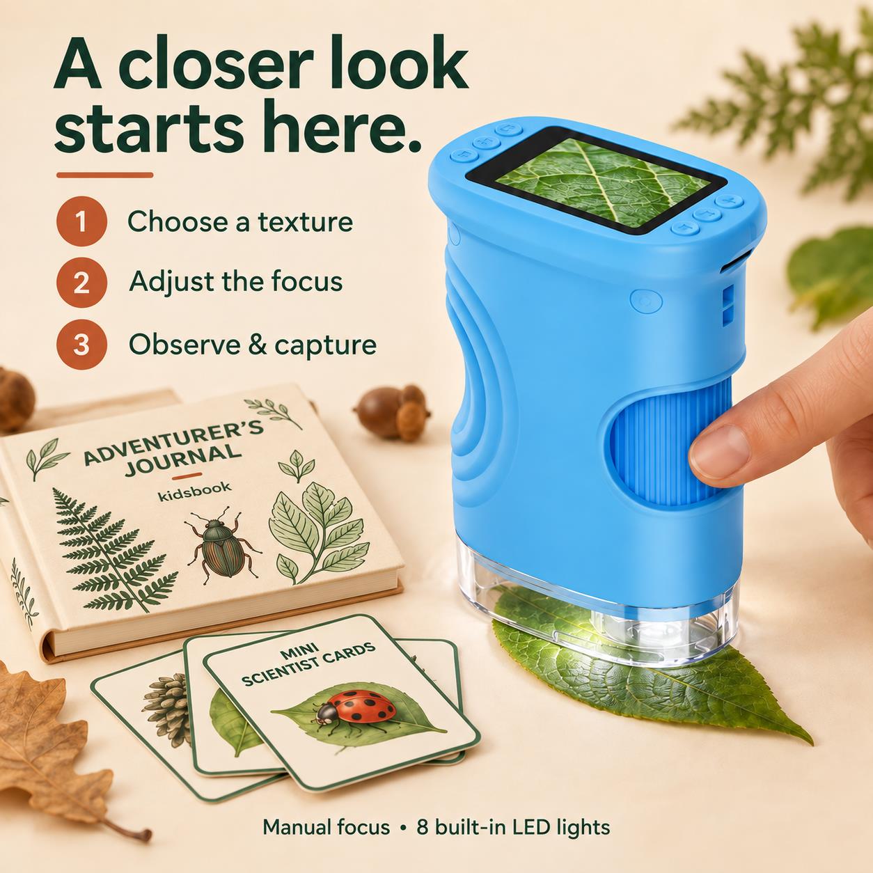 How to use the Kidsbook digital microscope: choose a texture, adjust focus, observe and capture.
