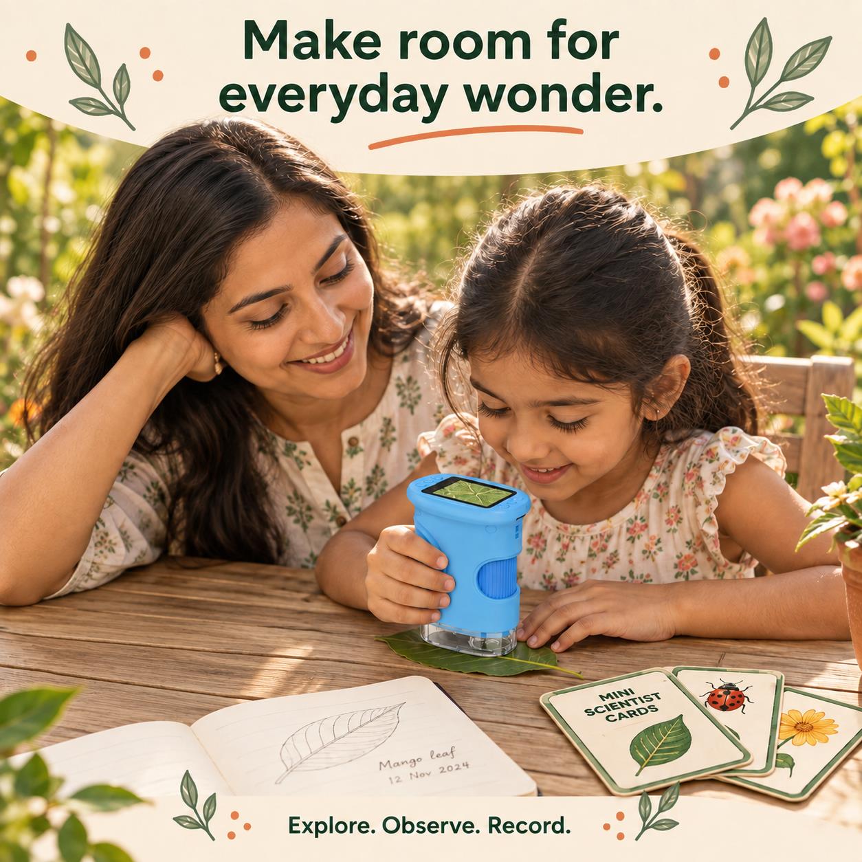 Mother and child exploring a leaf with the Kidsbook blue digital microscope and explorer gifts.