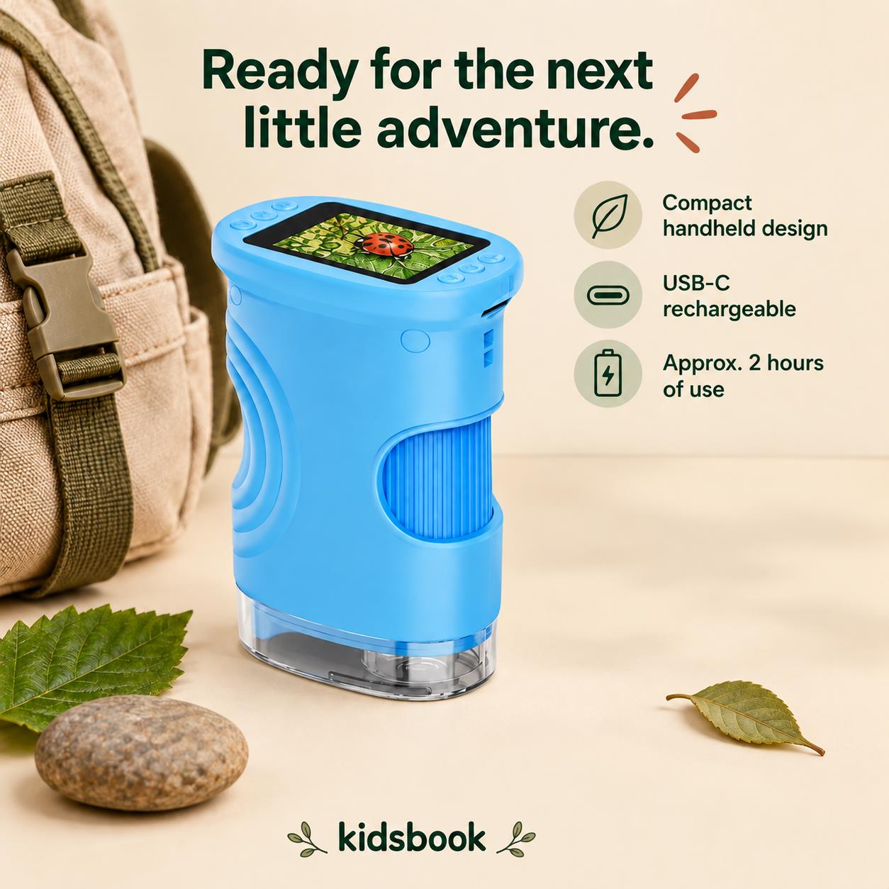 Compact Kidsbook blue digital microscope with USB-C charging and approximately two hours of use.