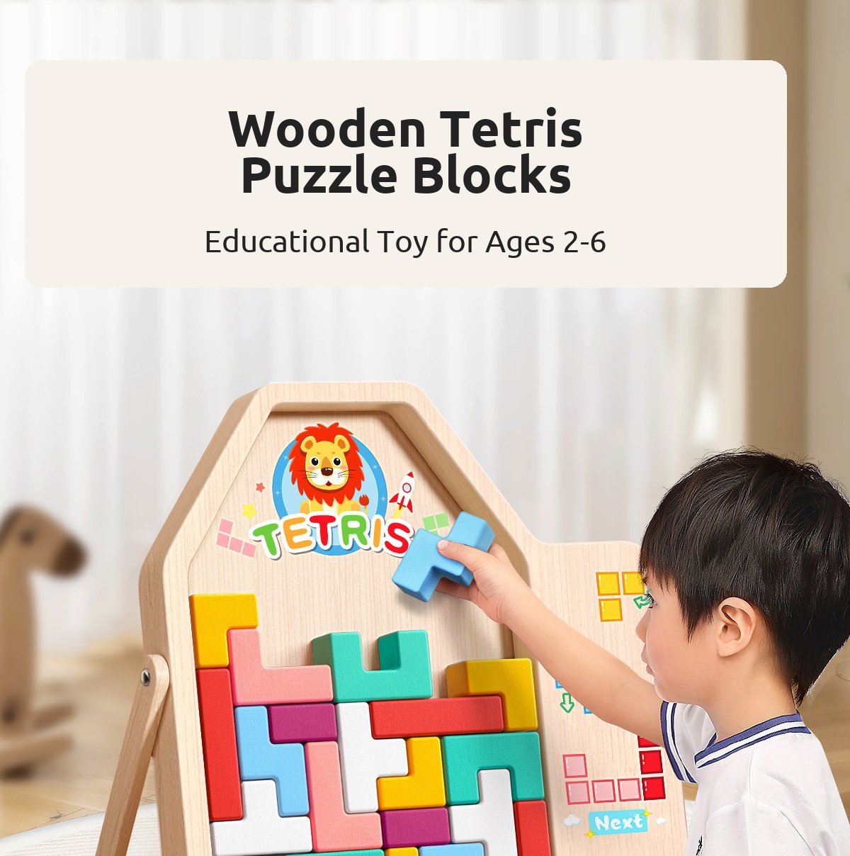 Wooden Tetris puzzle blocks educational toy image 1