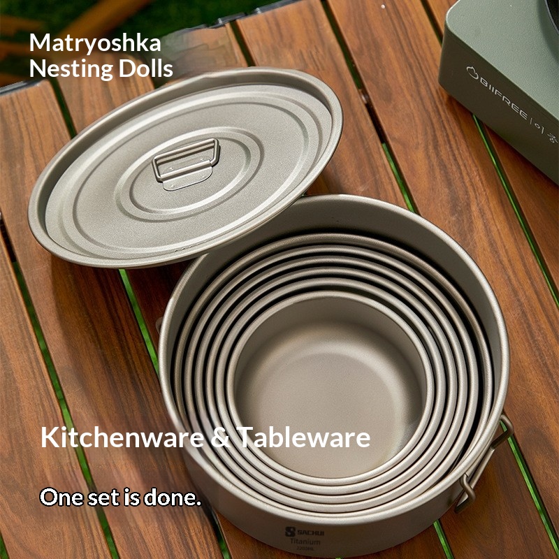 Outdoor camping ultra-light pure titanium alloy folding pot set