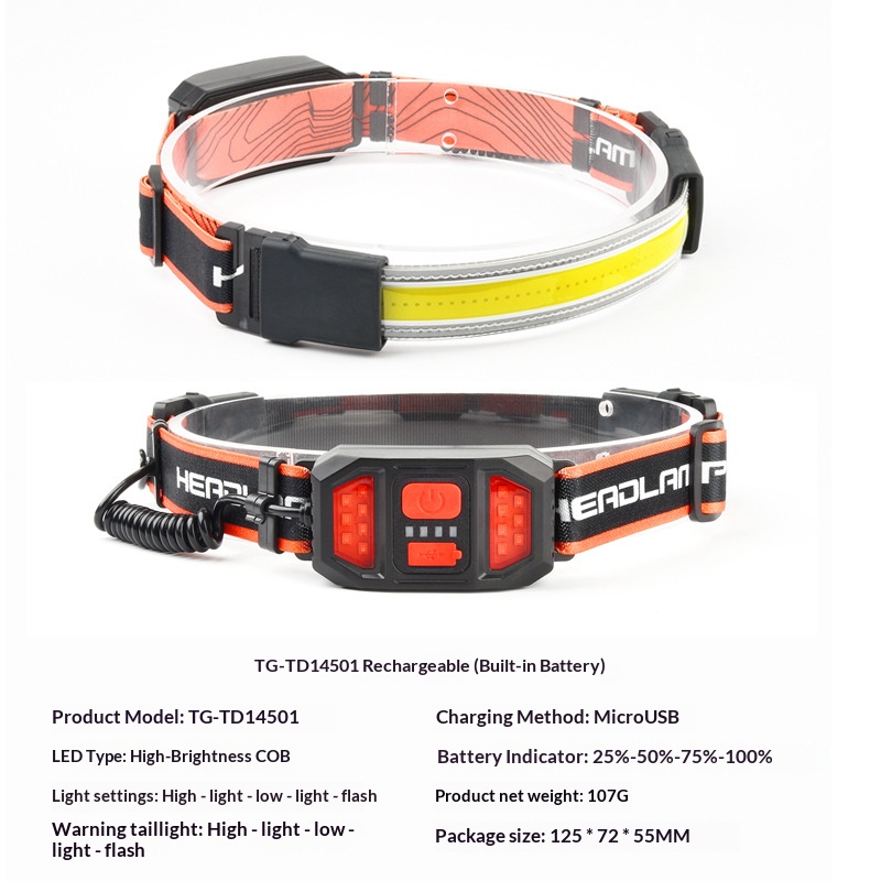Outdoor camping headlamp, new style, rechargeable, lightweight, large floodlight, COB headlamp
