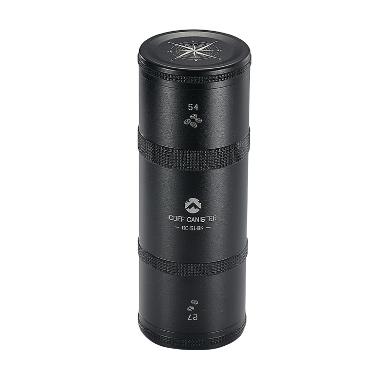 Black anodized aluminum alloy sealed coffee portioning and storage jar