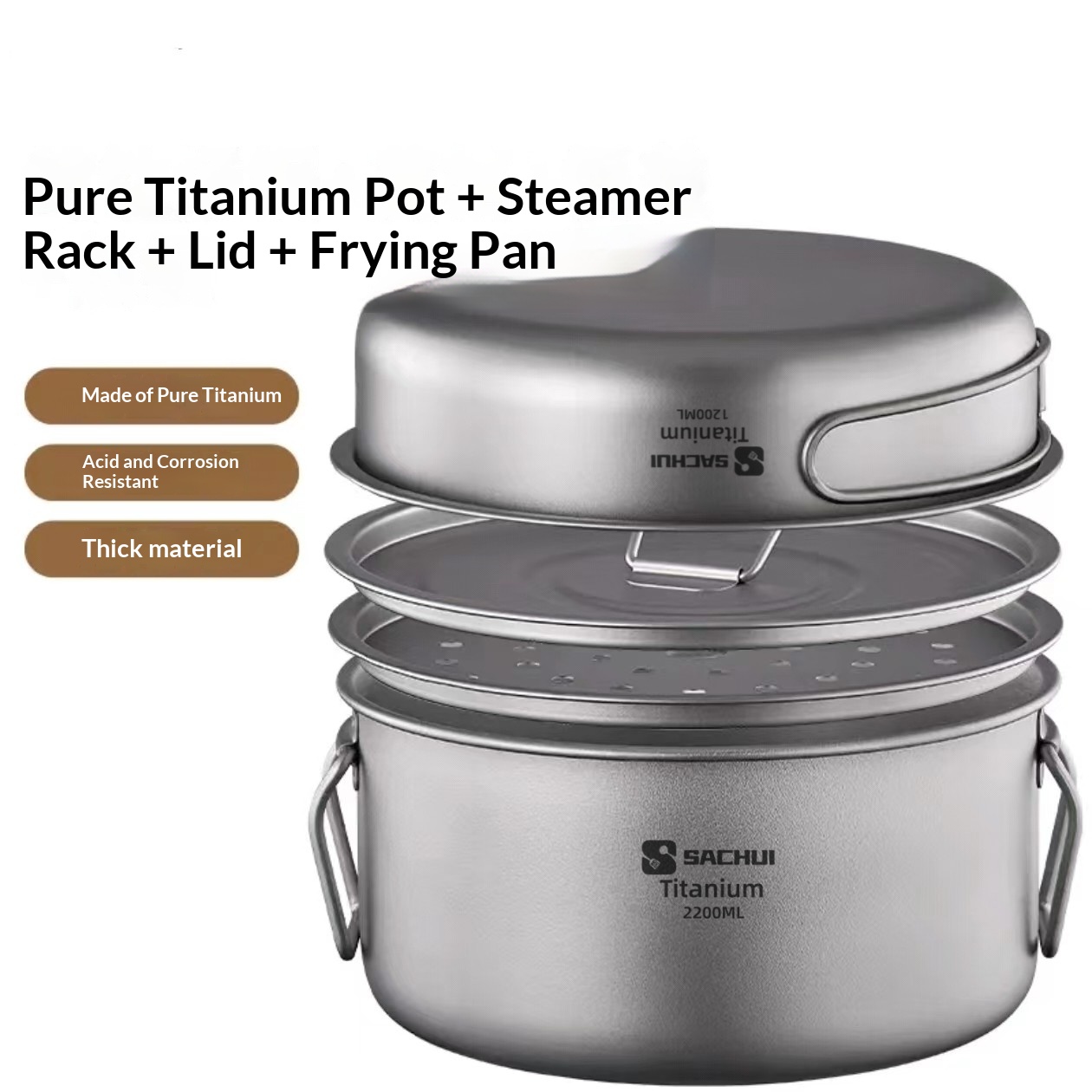 Outdoor camping ultra-light pure titanium alloy folding pot set