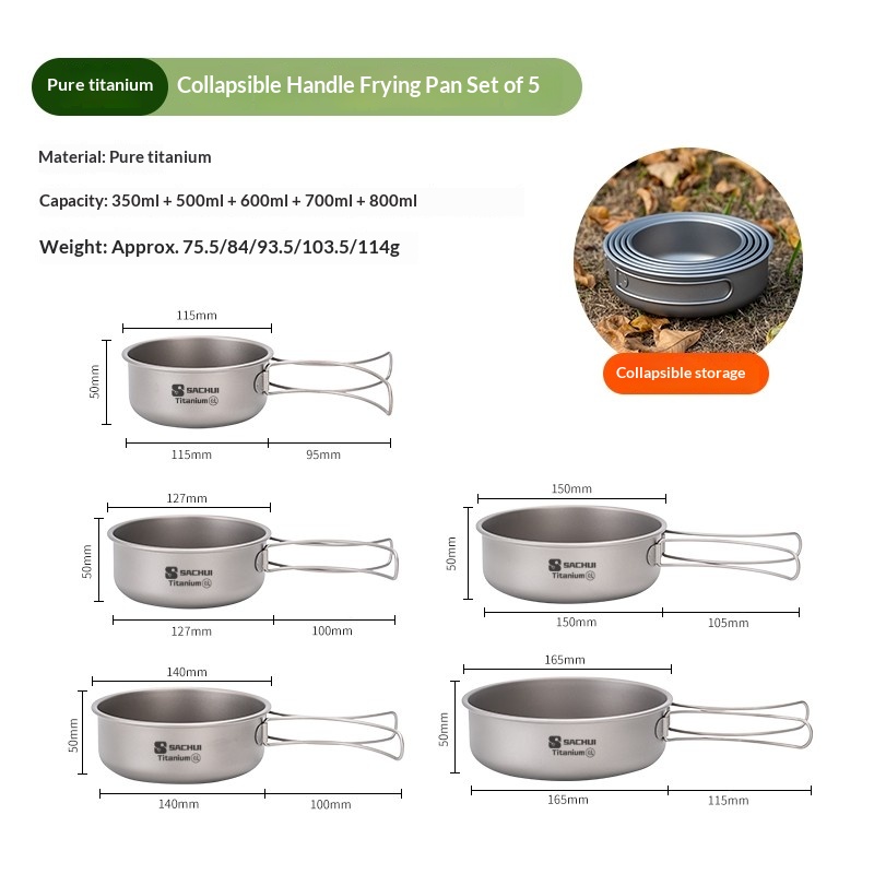 Outdoor camping ultra-light pure titanium alloy folding pot set