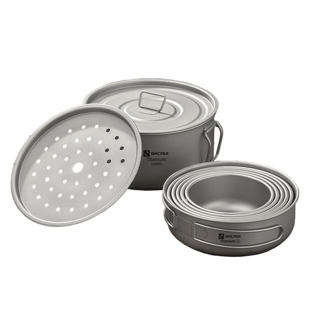 Outdoor camping ultra-light pure titanium alloy folding pot set