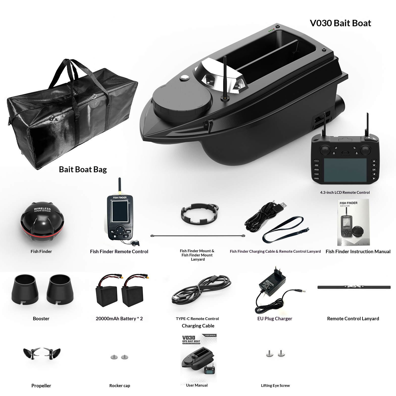 12vGPS sonar, bait throwing, fish finding, fishing spot making, and boat driving
