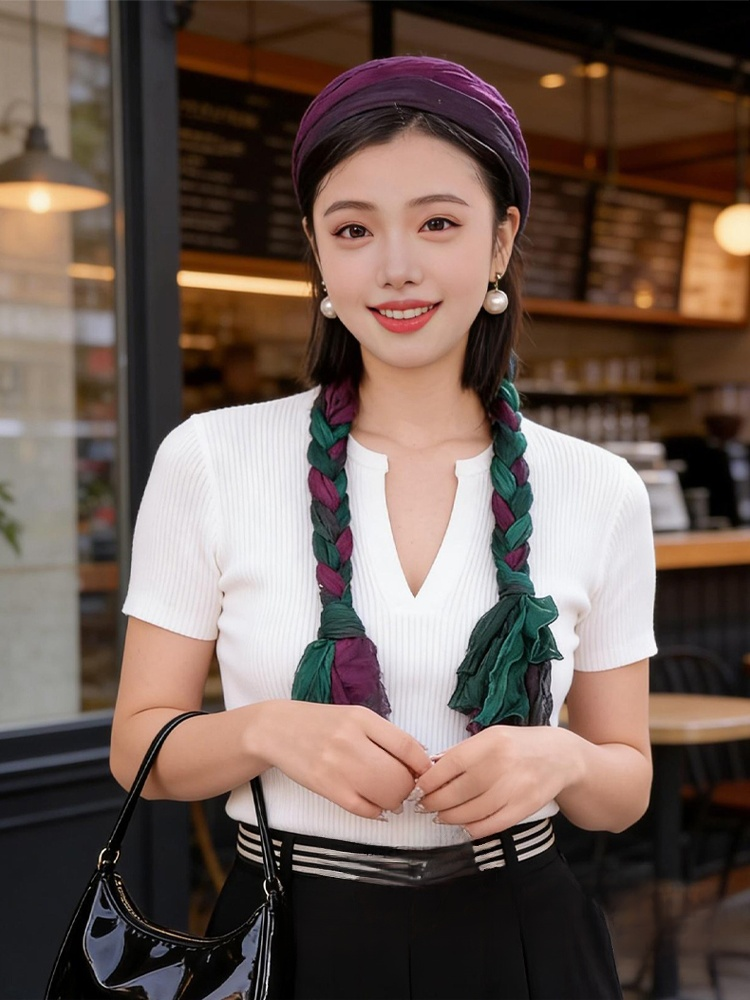 百搭手工編織辮子春夏防曬褶皺包頭巾