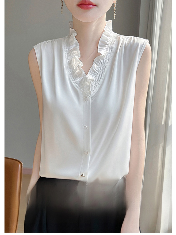顯瘦百搭花苞V領緞面無袖襯衫