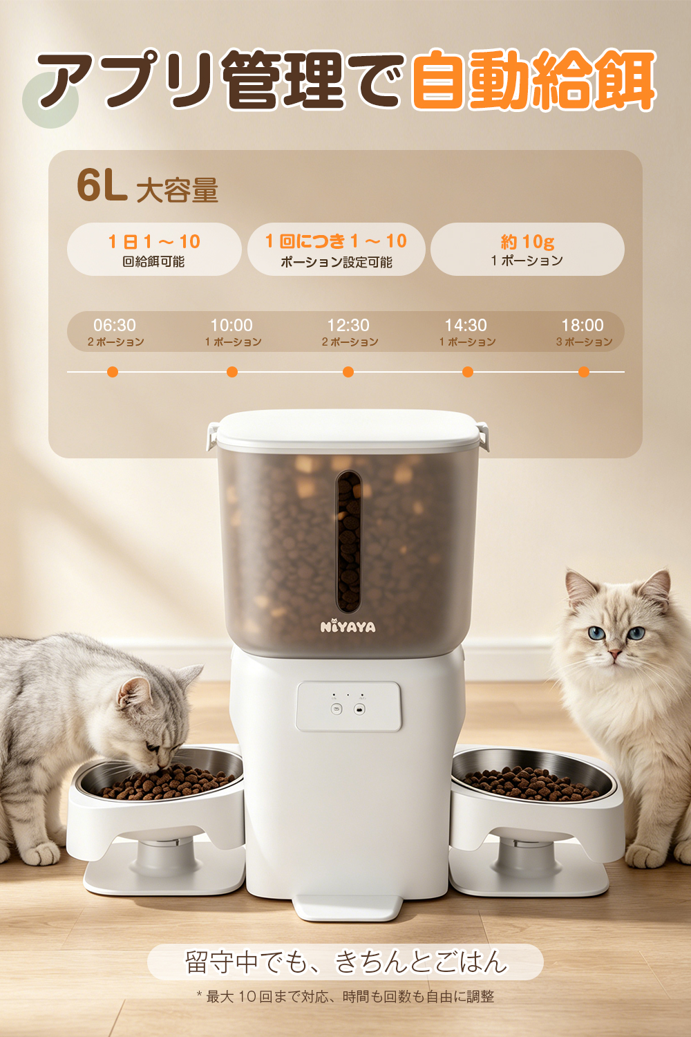 【業界注目のデュアルカメラ搭載】Niyaya F24-DC 自動給餌器 猫 犬 カメラ付き 6L大容量 スマホ連携 遠隔操作 双皿 独立給餌 多頭飼い対応 双方向通話 録音給餌 ナイトビジョン 余量確認 2WAY給電