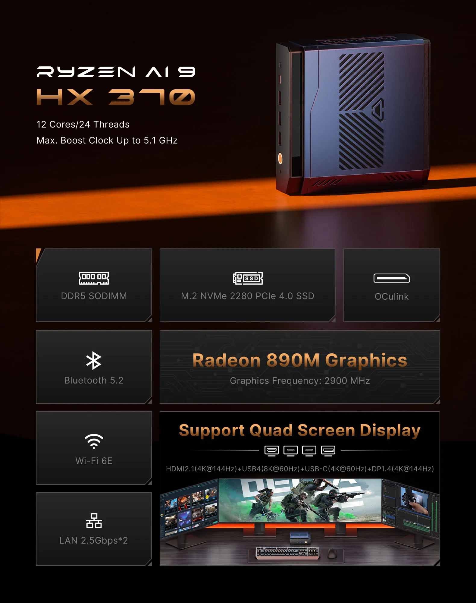 CANROGAME AH7 HX370 AI PC RADEON 890M 32GB DDR5 1TB PCIe 4.0 SSD Mini PC