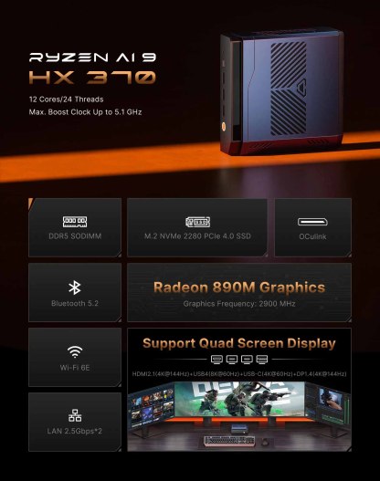 CANROGAME AH7 HX370 AI PC RADEON 890M 32GB DDR5 1TB PCIe 4.0 SSD Mini PC