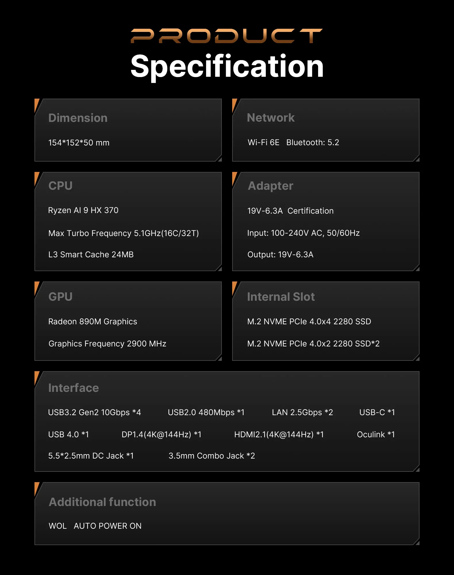 CANROGAME AH7 HX370 AI PC RADEON 890M 32GB DDR5 1TB PCIe 4.0 SSD Mini PC