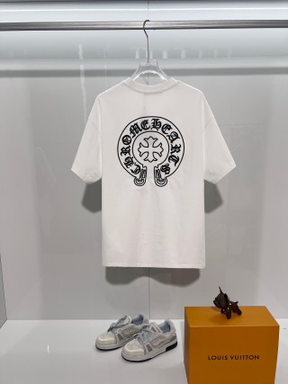 Chrome Hearts/克罗心 高品质320克圆领短袖T恤 品牌经典 前后马蹄印十字架梵文刺绣字母LOGO 男女同款