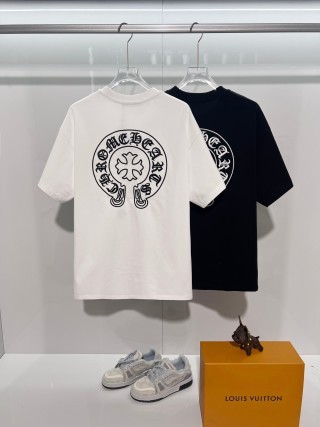 Chrome Hearts/克罗心 高品质320克圆领短袖T恤 品牌经典 前后马蹄印十字架梵文刺绣字母LOGO 男女同款