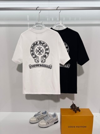 Chrome Hearts/克罗心 高品质320克圆领短袖T恤 品牌经典 前后马蹄印十字架梵文刺绣字母LOGO 男女同款