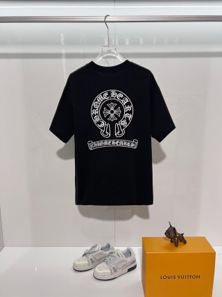 Chrome Hearts/克罗心 高品质320克圆领短袖T恤 品牌经典 前后马蹄印十字架梵文刺绣字母LOGO 男女同款