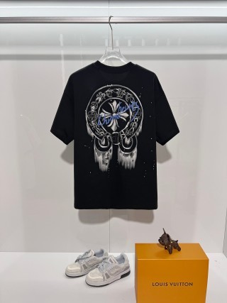 Chrome Hearts/克罗心 高品质320克圆领短袖T恤 品牌经典 前后马蹄印十字架梵文刺绣字母LOGO 男女同款