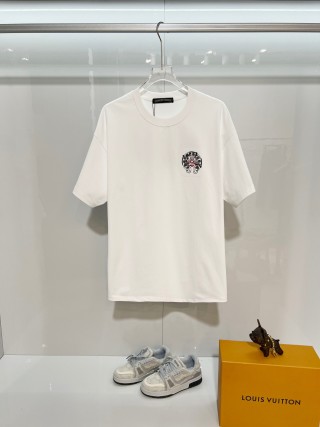 Chrome Hearts/克罗心 高品质320克圆领短袖T恤 品牌经典 前后马蹄印十字架梵文刺绣字母LOGO 男女同款
