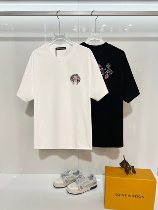 Chrome Hearts/克罗心 高品质320克圆领短袖T恤 品牌经典 前后马蹄印十字架梵文刺绣字母LOGO 男女同款