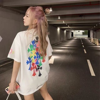 克罗心2025新款夏季潮牌梵文彩色十字架印花男女款宽松短袖上衣