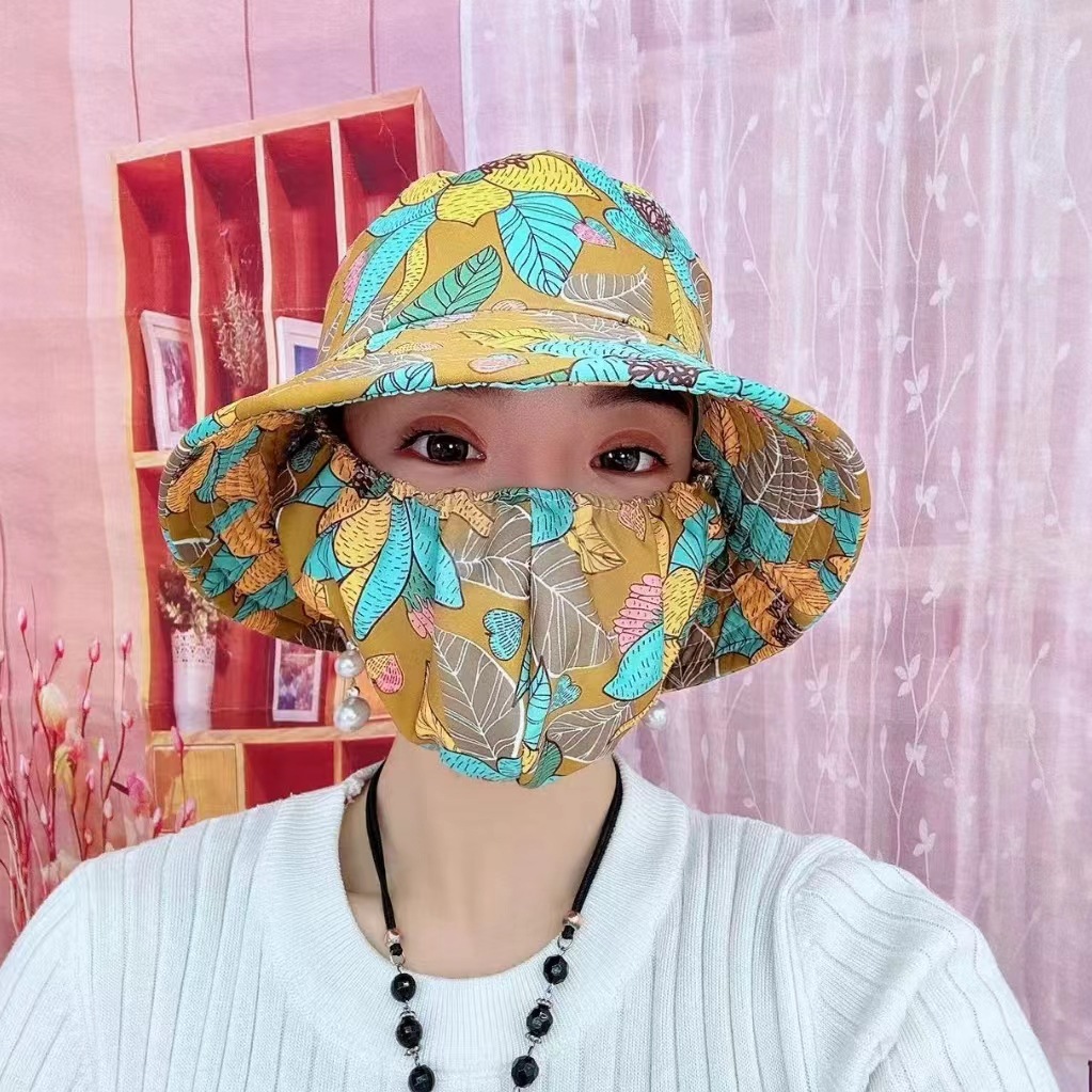 碎花遮陽戶外護臉帽口罩一體