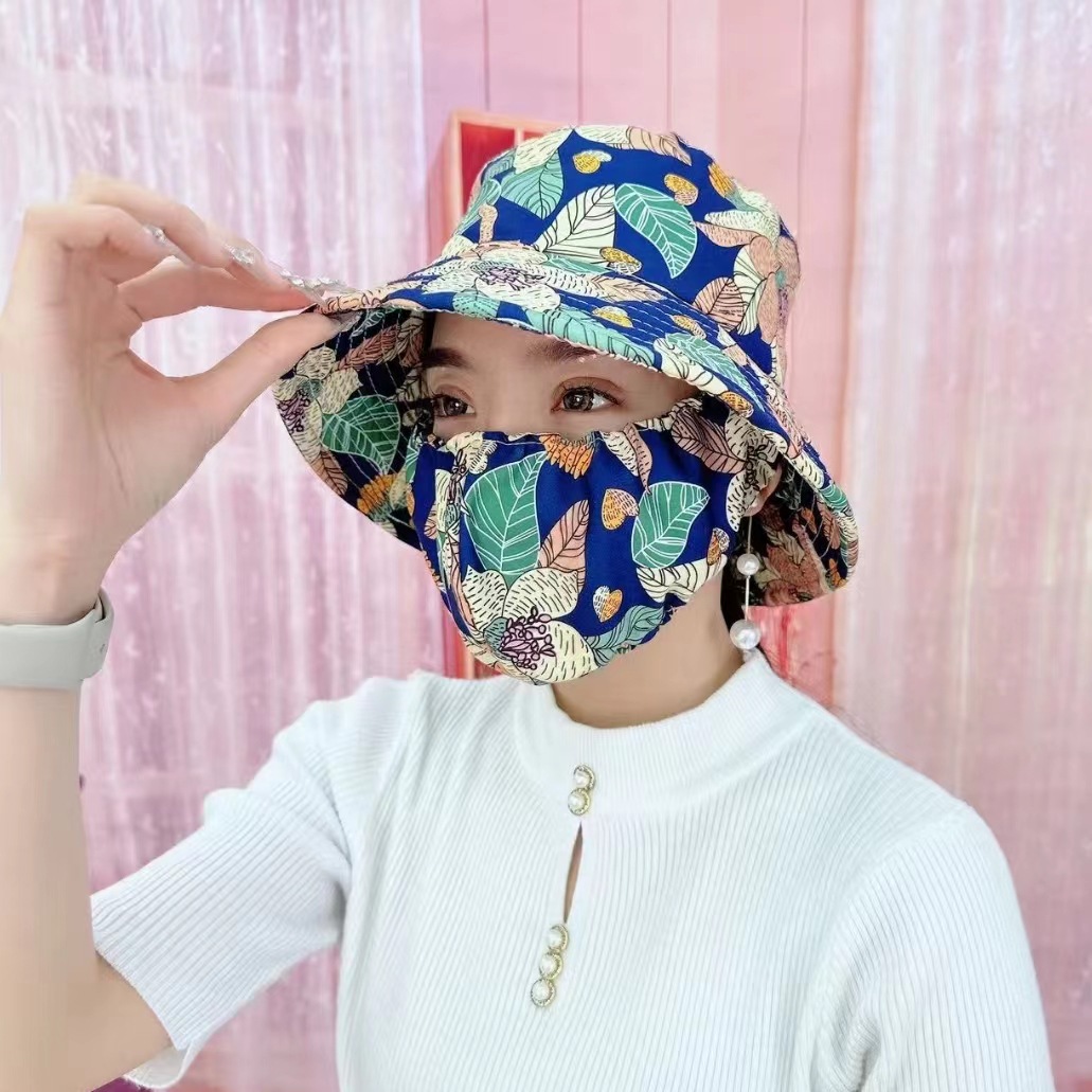碎花遮陽戶外護臉帽口罩一體