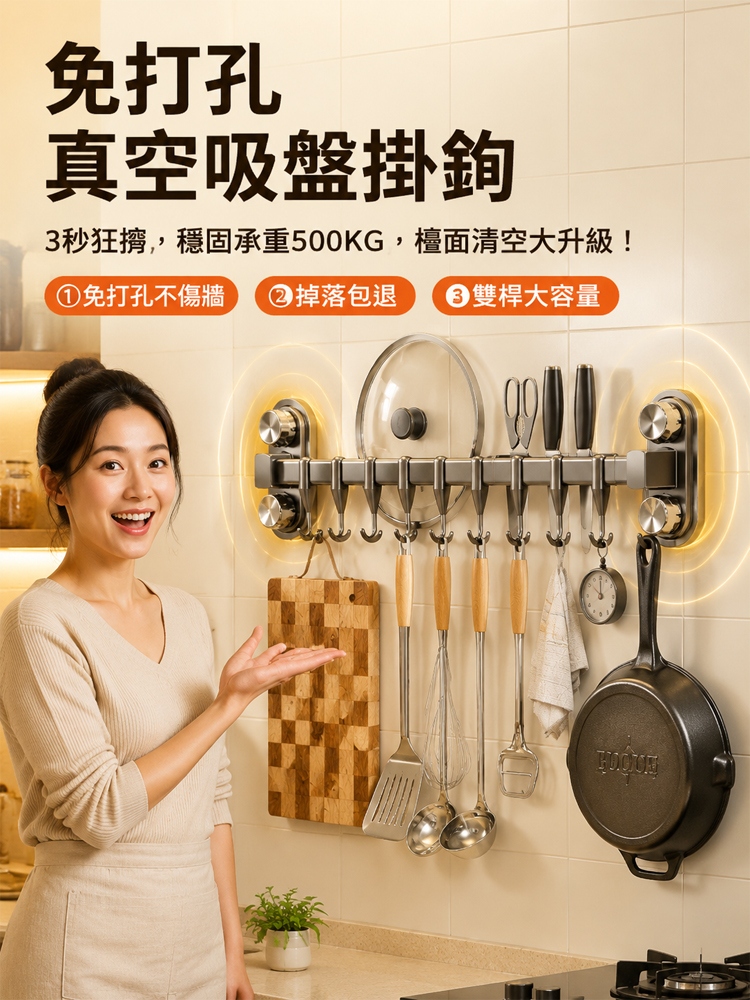 免打孔不傷牆吸盤廚房掛鉤