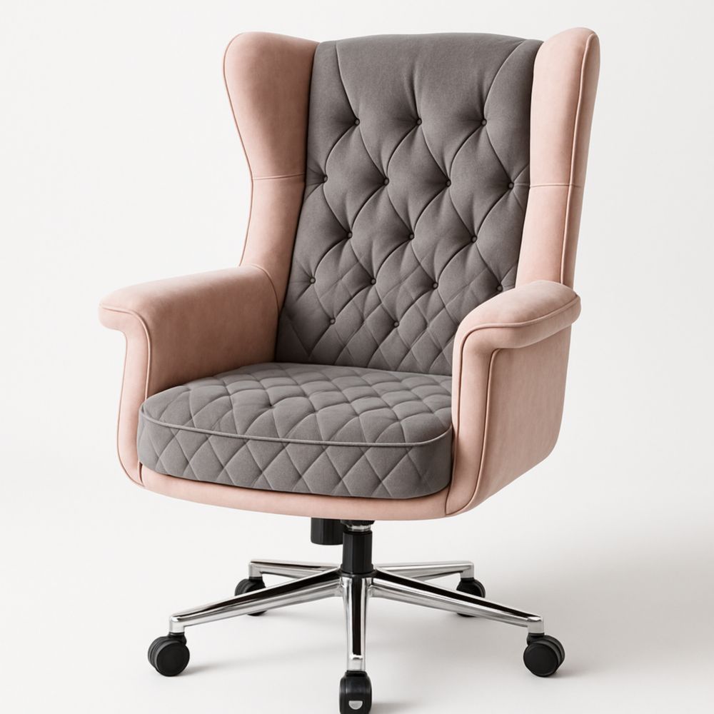 Wingback Swivel Office Chair Polyester and Chrome Grey/Pink