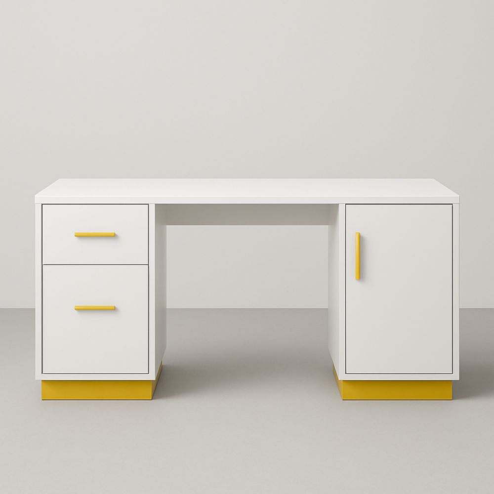 White Desk with Yellow Handles and Base Storage Drawers
