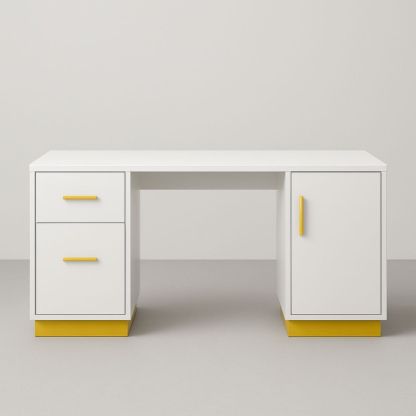 White Desk with Yellow Handles and Base Storage Drawers
