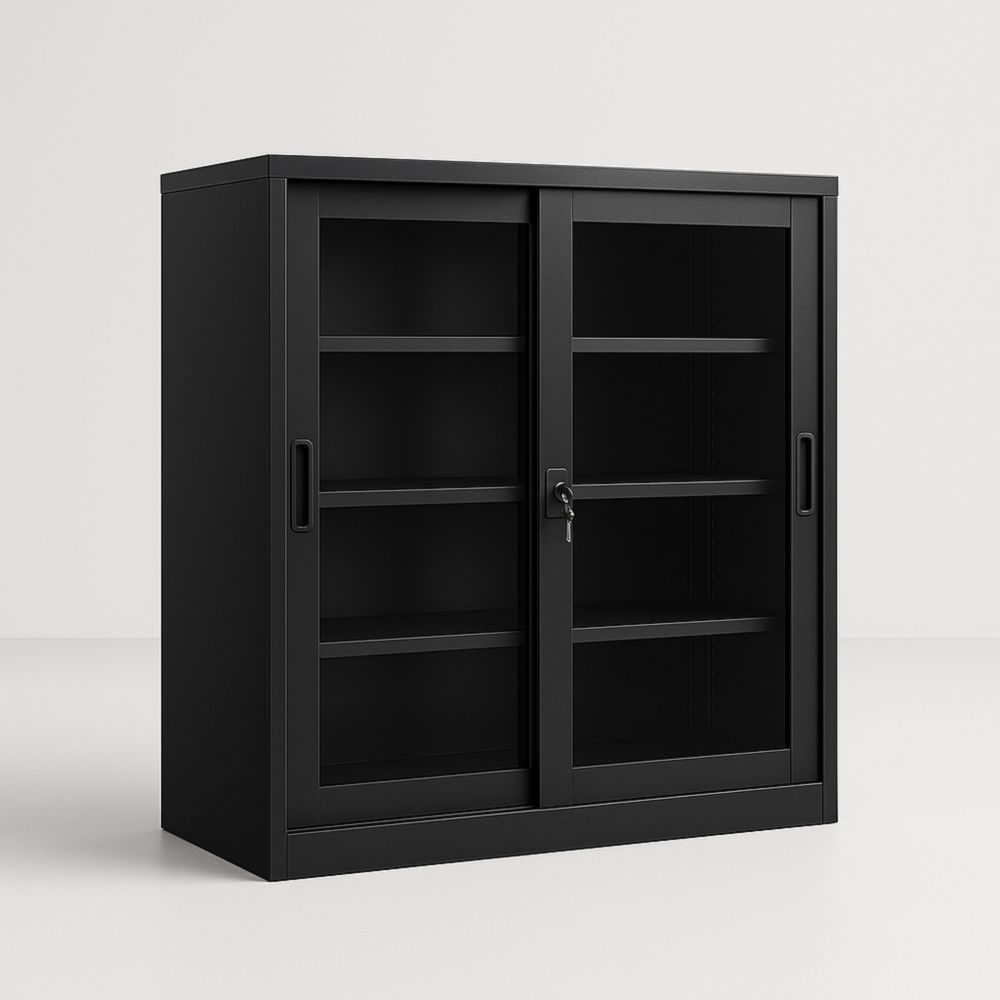 Black Metal Sliding Door Cabinet 90cm H x 90cm W x 40cm D