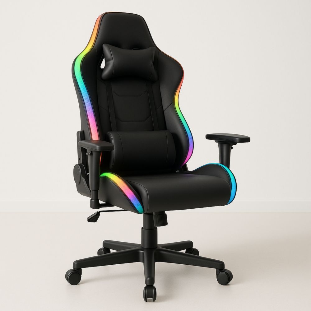 Gaming Chair with Lumbar Support and Adjustable Armrests Black PU Leather RGB LED