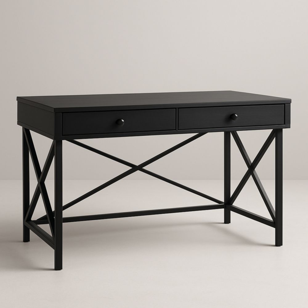 Black Metal and MDF Desk with Drawers 120cm