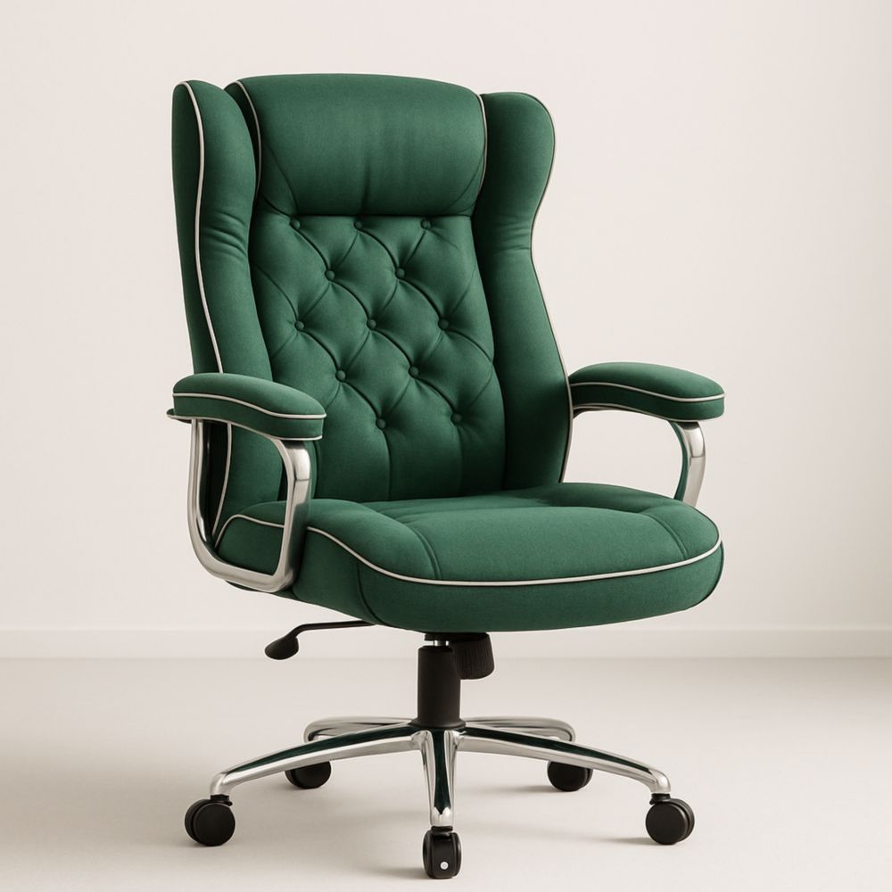 Green Fabric Office Chair with Armrests and Casters