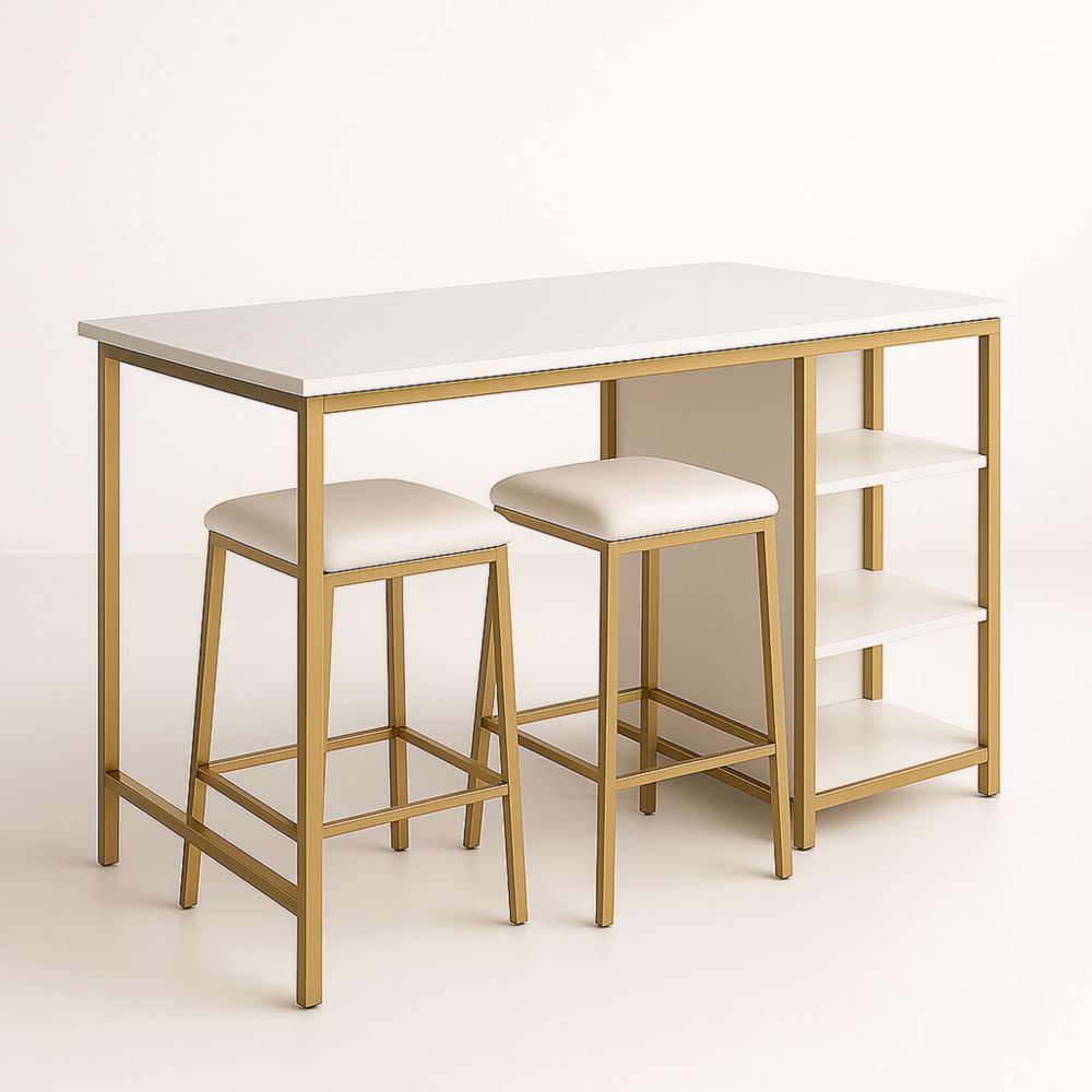 Counter Height Dining Set with Shelving White/Gold MDF/Steel
