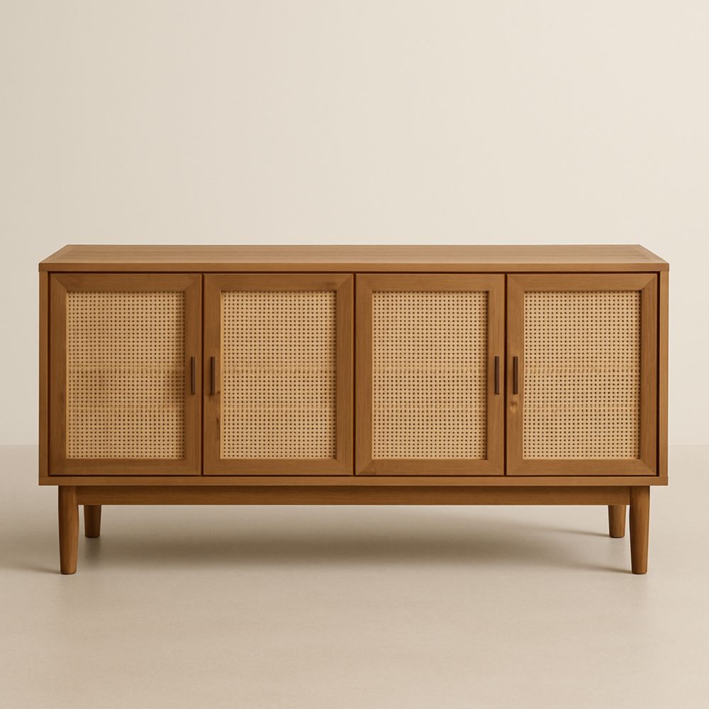 Wooden Sideboard with Rattan Doors 160cm Brown