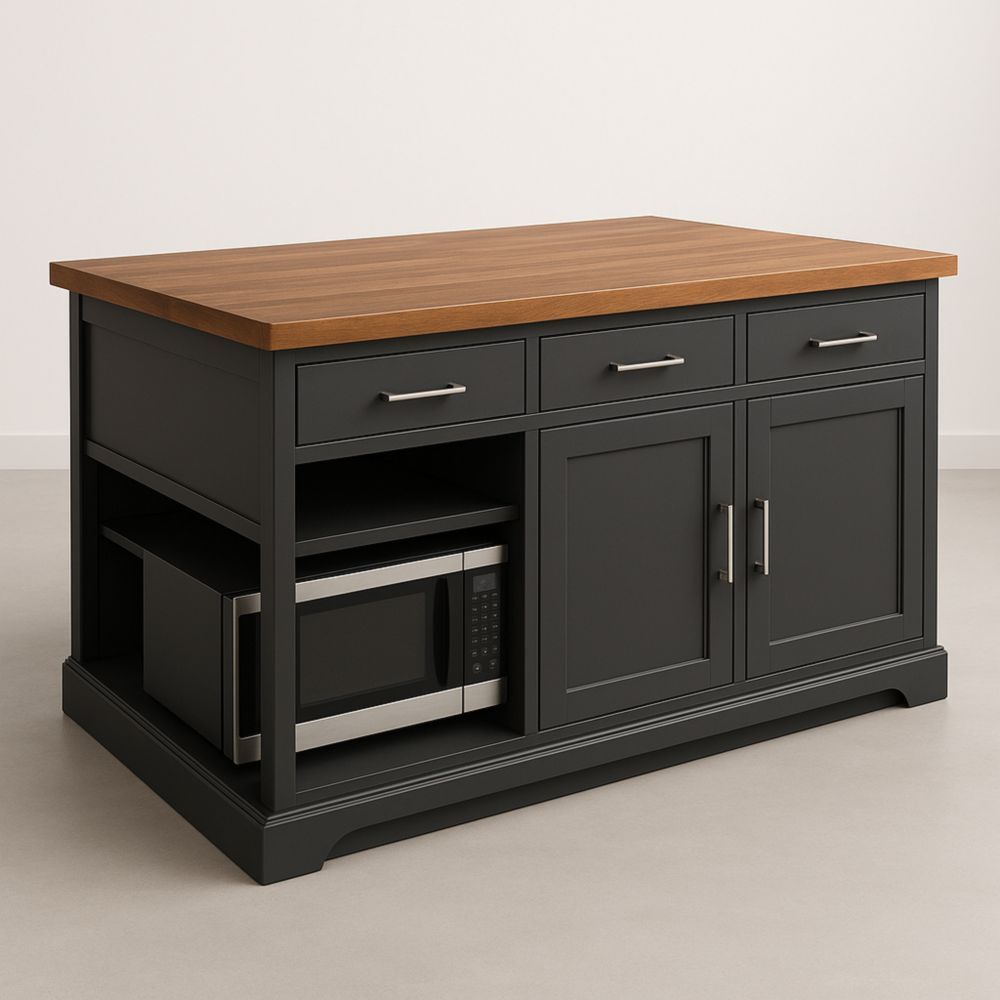 Kitchen Island Wooden Top with Storage Drawers and Adjustable Shelves Black
