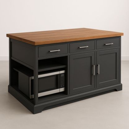 Kitchen Island Wooden Top with Storage Drawers and Adjustable Shelves Black