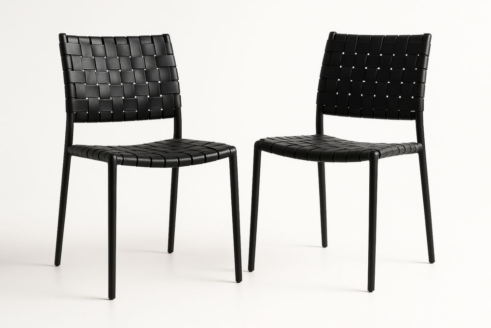 Set of Two Black Woven PU Leather Dining Chairs Metal Frame
